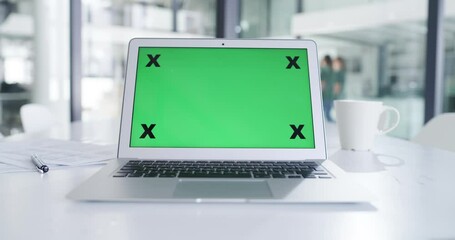 Aufkleber - Laptop, mockup with green screen and advertising, ads for website with technology and information online. App development, UI and tracking marker, cyber tech with social media marketing and UX
