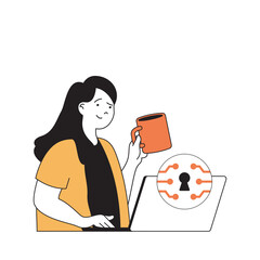 Fototapete - Cyber security concept with cartoon people in flat design for web. Woman using safety online connect and shielding laptop with key. Vector illustration for social media banner, marketing material.