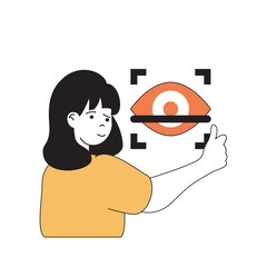 Fototapete - Cyber security concept with cartoon people in flat design for web. Woman using biometrics protection system and eye scan recognition. Vector illustration for social media banner, marketing material.
