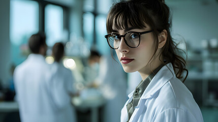 Beautiful young woman scientist wearing white coat and glasses in modern Medical Science Laboratory with Team of Specialists on background