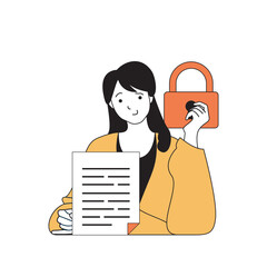 Aufkleber - cyber security concept with cartoon people in flat design for web. woman stores documents online and