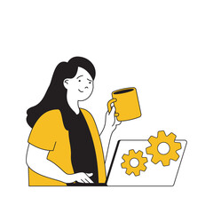 Poster - Digital business concept with cartoon people in flat design for web. Businesswoman developing e-business project and works at laptop. Vector illustration for social media banner, marketing material.