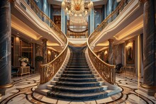 Unfold The Story Of Luxury Living Through A Visually Stunning Image Showcasing The Seamless Intertwining Of A Grand Staircase Within An Opulent Interior