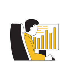 Poster - Digital business concept with cartoon people in flat design for web. Man analyzing online blog statistics and customer purchases. Vector illustration for social media banner, marketing material.