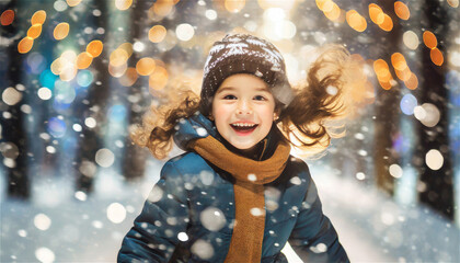 Girl with blue jacket enjoying a snowy day in a park