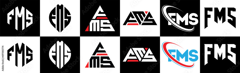 FMS letter logo design in six style. FMS polygon, circle, triangle, hexagon, flat and simple style with black and white color variation letter logo set in one artboard. FMS minimalist and classic logo