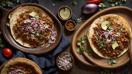 Wall Mural - Delicious appetizing taco with meat and onion on old background