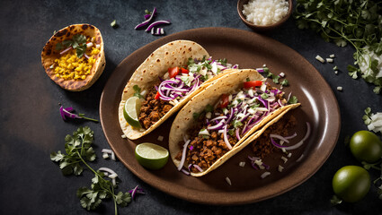 Wall Mural - Delicious appetizing taco with meat and onion on old background