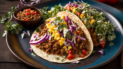 Wall Mural - tasty appetizing taco with meat and onion on old background