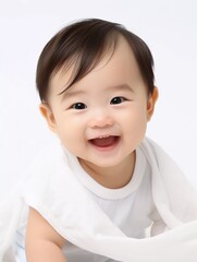 portrait of cute slanted eyed Japanese baby boy model, with smiling and laughing expression, 2 month old baby, studio photo, isolated white background, for advertising and web design