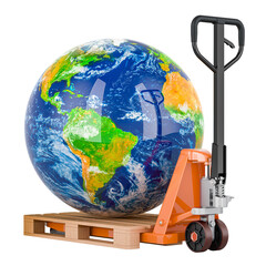 Wall Mural - Pallet truck with Earth Globe. Global logistics, shipping and worldwide delivery business concept. 3D rendering isolated on transparent background