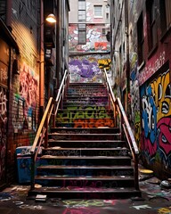 graffiti on a wall street with many stairs