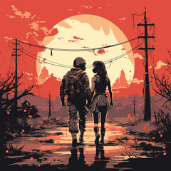 a man and a woman in love walk among the ruins after a tragedy. vector illustration