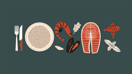 Seafood fresh fish collection. Food background. Vector illustration.