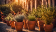 mediterrane Pflanzen Kräuter und Blumen in Töpfen in goldener Stunde Frühling Sommer Wachstum und Gefühl Schönheit und Gesundheit Italien Spanien Frankreich Mittelmeer 