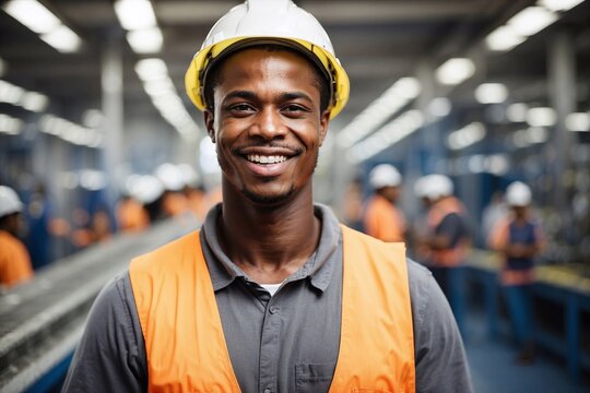 portrait of black worker in factory, industrial dedication, factory worker