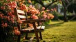 Floral Garden Seating: Teak Chair or Bench on Lush Green Lawn