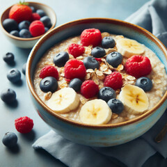 Wall Mural - A bowl of oatmeal with berries and bananas on blue background. ai generative