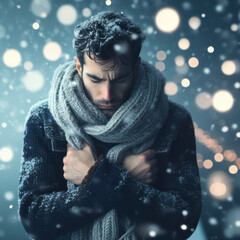 Wall Mural - A portrait of a man dressed in winter clothes is shaking from the cold against the backdrop of snowfall. ai generative