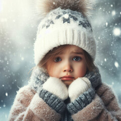 Wall Mural - portrait of a little girl dressed in winter clothes is shaking from the cold on the backdrop of snowfall. ai generative