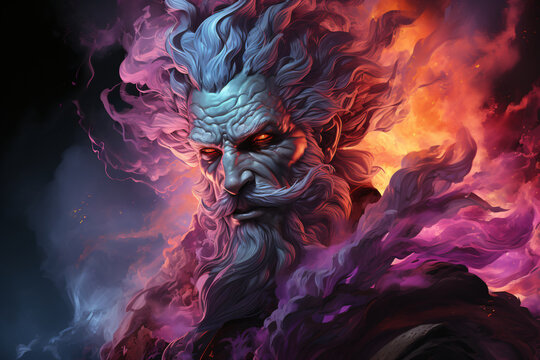 sorcerer, warlock, evil magician, witcher. a negative fantasy character. portrait of a man with a mustache and curly beard, colorful illustration.