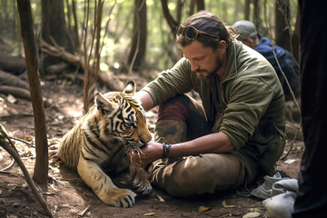 a man wildlife biologists rehabilitator helps an injured little tiger.