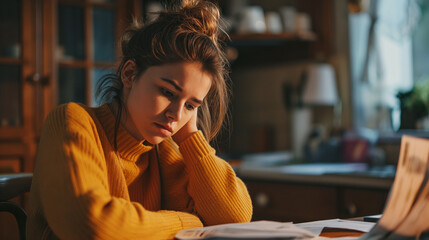 Stressed young woman reviewing her bills, reflecting financial strain during a recession