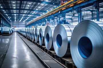 Rolls of galvanized steel sheet inside the factory or warehouse. Industrial production