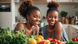 Beautiful afro american girl in the kitchen with different vegetables and fruits detox