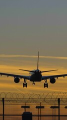 Wall Mural - Silhouette of Airplane Landing at the Airport at Colorful Sunset. Slow Motion. Rear View. Vertical Video