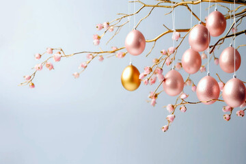 Easter tree branch with colorful easter eggs hanging on blooming plum tree branches. Pink tone. Header of the site, header design