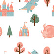 Seamless pattern with beautiful castles, knight and dragon. Ideal for printing on fabric, paper and cards