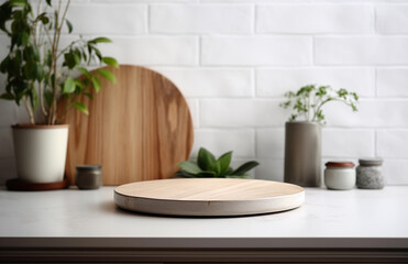 Wall Mural - Kitchen table podium on blurred background. Wooden round desk in the cottage core modern kitchen interior. Empty product display.