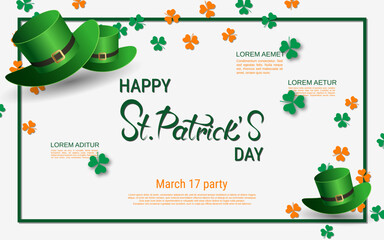 St.Patrick's Day vector banner template. White background with colorful clover leaves and frame