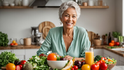 Adult woman in the kitchen with different vegetables and fruits cooking