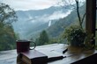 © AIPERA - study with me desk tour, smoking hot coffee on the desk, in a rainy day, smoky mountain and waterfall