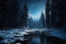 Fabulous Winter Landscape Serene River, Frozen And Shining In Moonlight, Surrounded By A Dark Coniferous Forest. Clear Starry Sky