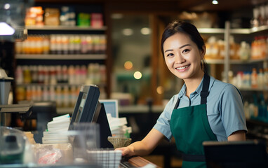 Wall Mural - Asian smiling woman working as a cashier in the store