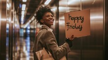 Cheerful Young Woman Holding A Happy Friday Sign In A Subway Station, Spreading Positivity