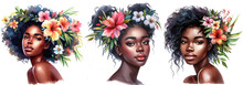 Watercolor Portrait Of Black Woman With Tropical Flowers In The Hair, African American Beautiful Young Girl With Floral Decorations Hairstyle.