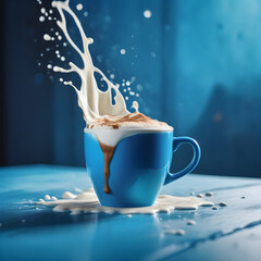 Canvas Print - Blue coffee cup with milk splash on a blue table background. 