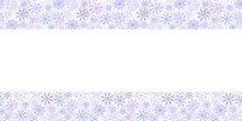 Snowflakes Banner Frame, Blue Lilac Frost Crystals. Symbol Of Winter, Cold Weather. New Year And Christmas Holiday Card. Hand Drawn Watercolor Illustration Isolated On White Background.