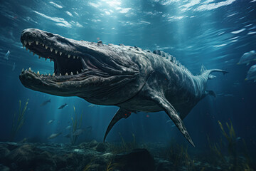 Poster - A reconstruction of a prehistoric sea monster, such as the Ichthyosaur, capturing the imagination of ancient marine life. Generative Ai.