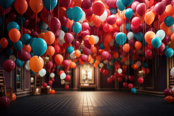 Sticker - A room filled with colorful balloons, released into the air, creating an atmosphere of excitement and celebration. Generative Ai.