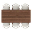 Wooden dining table, six fabric dining chairs with wood bases, top view ,on transparent background, 3d rendering