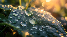 Large Beautiful Drops Of Transparent Rain Water On A Green Leaf Macro. Drops Of Dew In The Morning Glow In The Sun. Beautiful Leaf Texture In Nature.