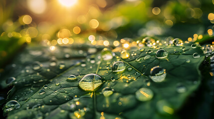 Large beautiful drops of transparent rain water on a green leaf macro. Drops of dew in the morning glow in the sun. Beautiful leaf texture in nature.