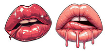 Red Woman Lips, Cartoon Style On White.
