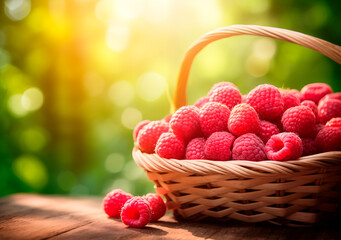 Wall Mural - Fresh raspberries on wooden table in sunny forest background with copy space