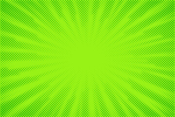 Green comic background. Art pop cartoon light backdrop. Halftone effect pattern. Fun anime texture. Starburst manga style bg. Mark popart radial gradient. Bright abstract color. Vector illustratio